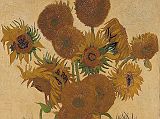London National Gallery Top 20 16 Vincent Van Gogh - Sunflowers Vincent van Gogh  Sunflowers, 1888, 92 x 73 cm. This painting was voted #6 in the 2005 BBC Greatest Painting in Britain Poll. This is one of four paintings of sunflowers dating from August and September 1888, which Van Gogh intended to decorate Gauguins room in the so-called Yellow House that he rented in Arles. Its predominant yellow hue (for van Gogh an emblem of happiness) is also a tribute to Provence.  The Sunflowers illustrates the cycle of life, from the bud, through maturity and death. The spiky or gnarled forms of nature also symbolized human passions to van Gogh. As if in contrast to these natural forms, the tabletop and vase are simplified, flattened and outlines, and van Goghs signature, Vincent, becomes a nave blue decoration in the glaze of the Provencal terracotta jar.
